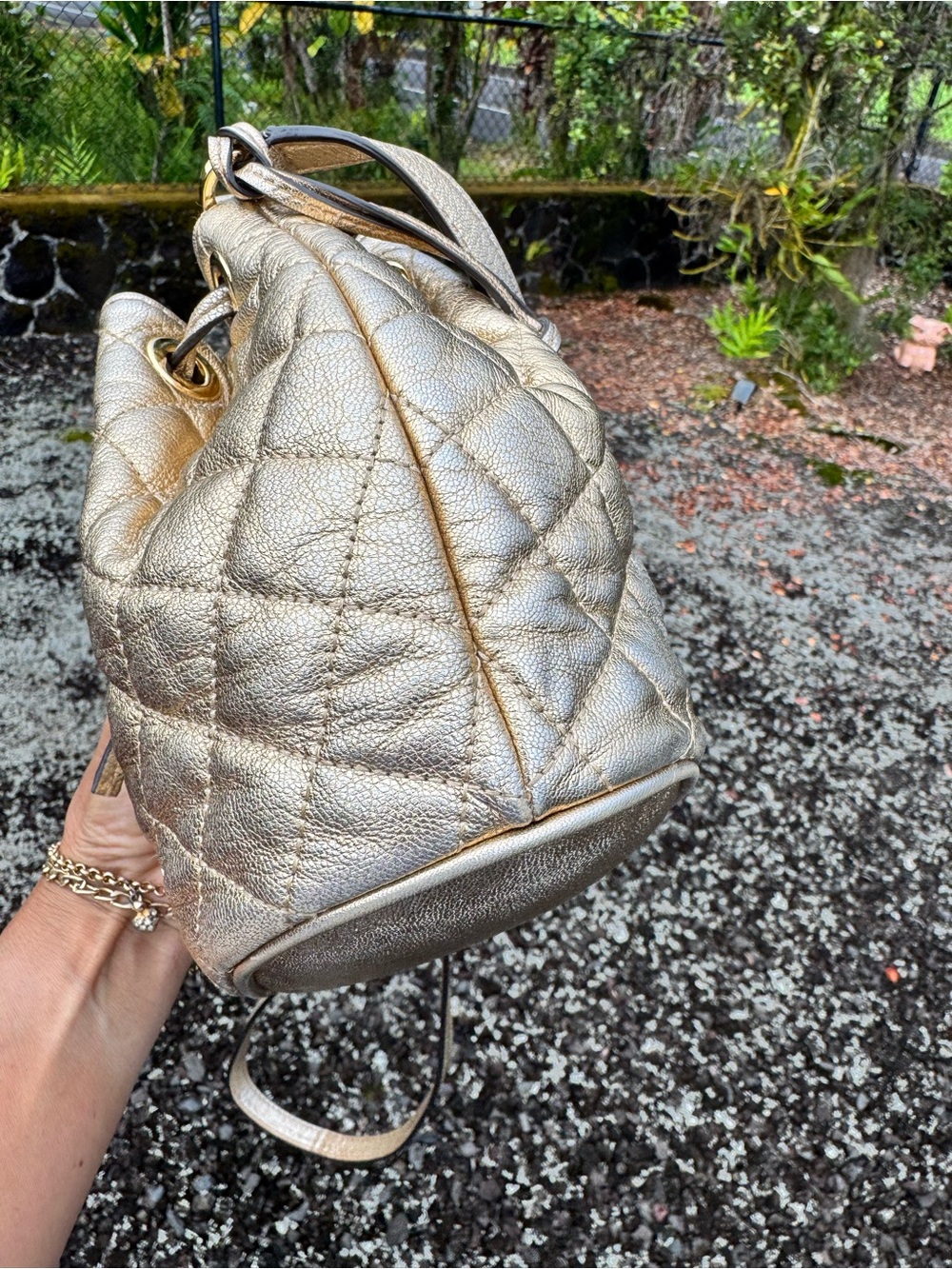 Michael Kors Mini Gold Quilted Leather Drawstring Bucket Bag Crossbody Purse - Picture 8 of 13